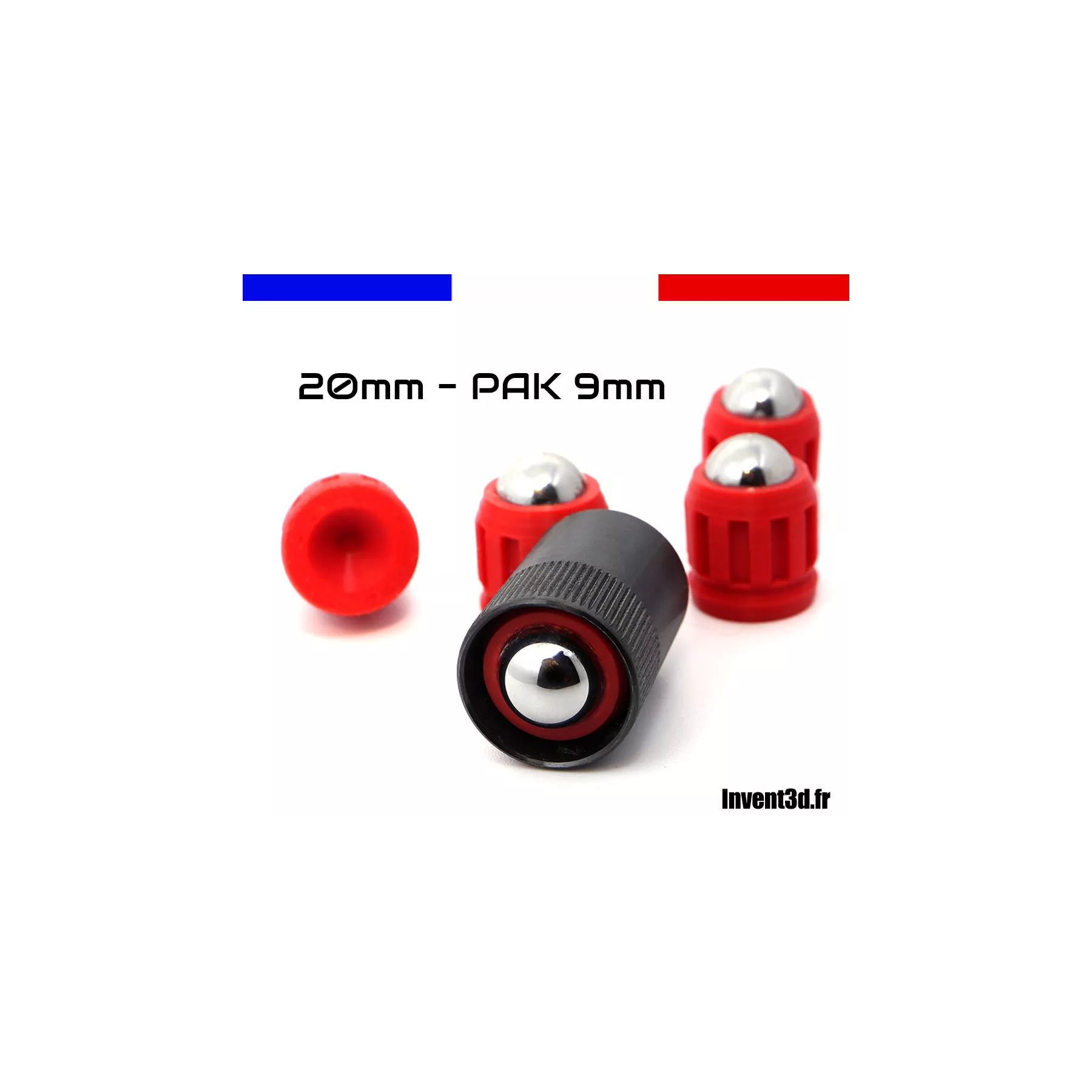 5 munitions 20mm pour PAK 9mm - Bille 13,5mm en acier pour embout pistolet à blanc - Rouge